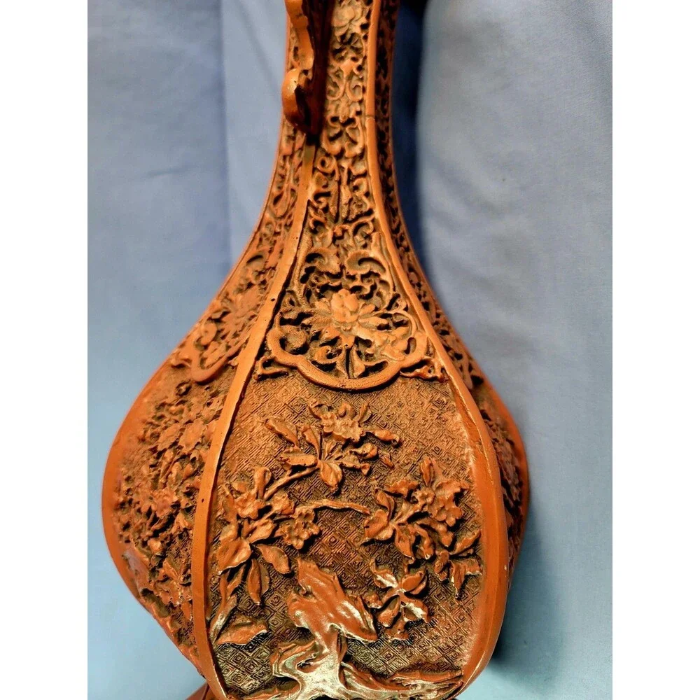 Red Carved Lacquerware Vase China Dynasty Flower Bottle 18.75''Tall Vessel